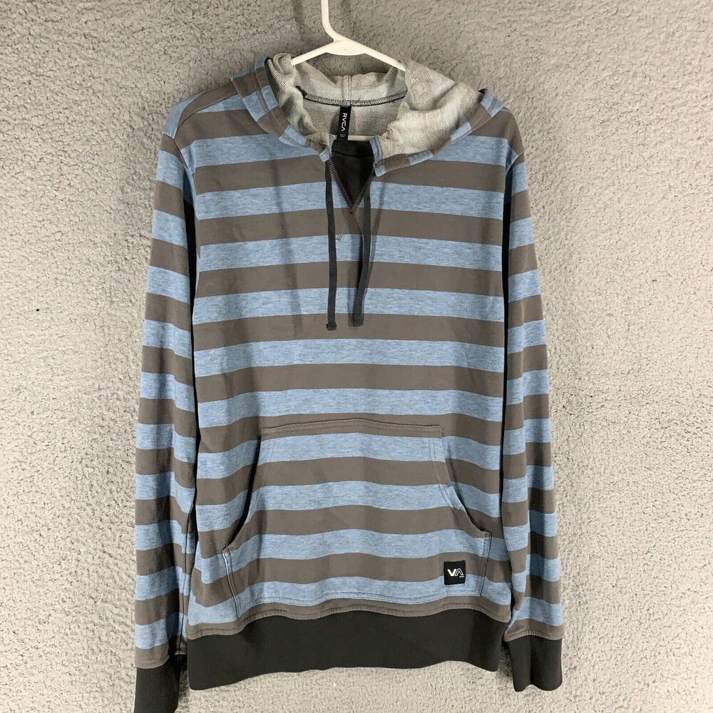 RVCA Hoodie Mens M Blue Gray Striped‎ Pullover Surf Sweatshirt